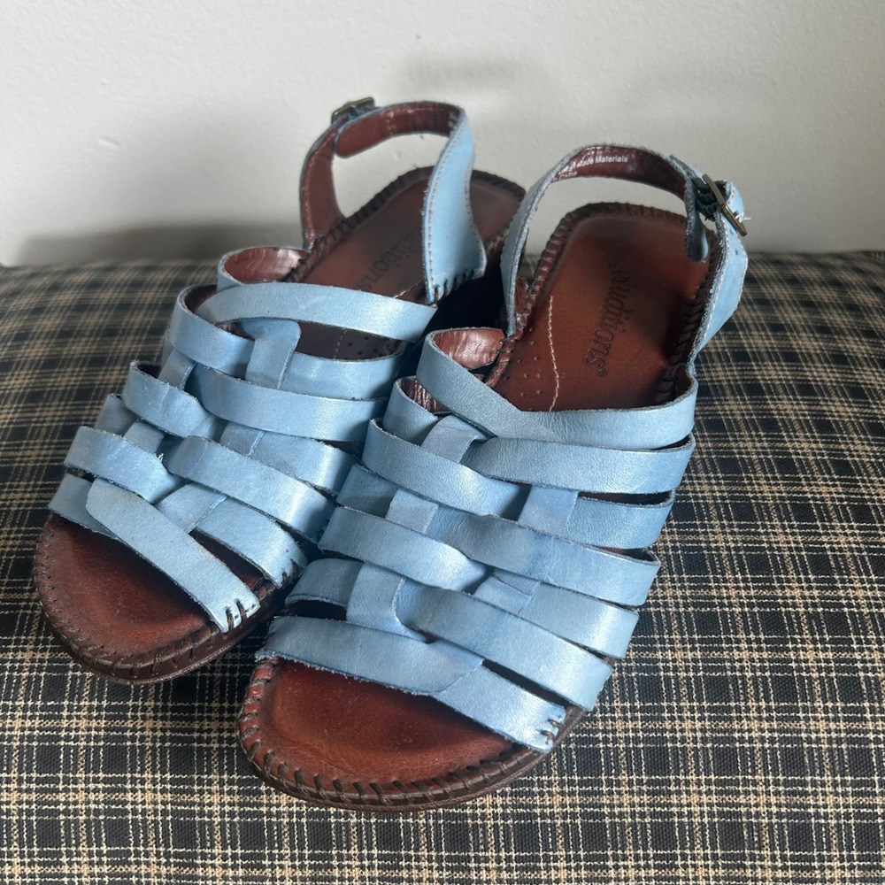 Auditions Woven Leather Slingback Wedge Fisherman Sandals Size 5M Light Blue